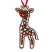 Introducing the Lincoln Park Zoo Gingerbread Giraffe Ornament: a whimsical giraffe-shaped cookie ornament, smiling and adorned with white icing, festive holiday sprinkles, and a bright red hanging ribbon—reminiscent of the cheerful treats you’d spot at Chicago’s Lincoln Park Zoo.
