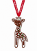 Giraffe-shaped gingerbread cookie ornament with white icing and red and green sprinkles, hanging from a red ribbon labeled Gladys Porter Zoo.