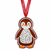 Penguin-shaped cookie ornament decorated with white icing and red and green sprinkles, hanging from a red ribbon labeled Birch Aquarium at Scripps UC San Diego.