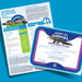 The Discovery Place American Alligator Adoption Kit includes two sheets: one featuring facts and information about the American Alligator and its importance in wildlife conservation, and another—a certificate titled "Adopt an Animal" with an alligator image—recognizing your symbolic adoption from Discovery Place. Both come on a blue background.