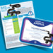 Two documents from the Discovery Place Black Rat Snake Adoption Bundle are displayed on a blue background: one provides information about the Black Rat Snake—including facts, care tips, and conservation details—while the other is an Adopt an Animal certificate featuring the words "symbolic adoption." Both documents include illustrations of a black snake.