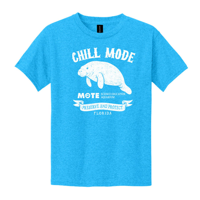 The Mote Marine Laboratory Chill Mode Manatee Youth T-Shirt is a bright blue tee featuring a white manatee graphic and the text “Chill Mode,” “Mote Science Education Aquarium,” “Preserve and Protect,” and “Florida” on the front, inspired by Mote Marine Laboratory’s dedication to marine life conservation.