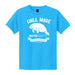 The Mote Marine Laboratory Chill Mode Manatee Youth T-Shirt is a bright blue tee featuring a white manatee graphic and the text “Chill Mode,” “Mote Science Education Aquarium,” “Preserve and Protect,” and “Florida” on the front, inspired by Mote Marine Laboratory’s dedication to marine life conservation.