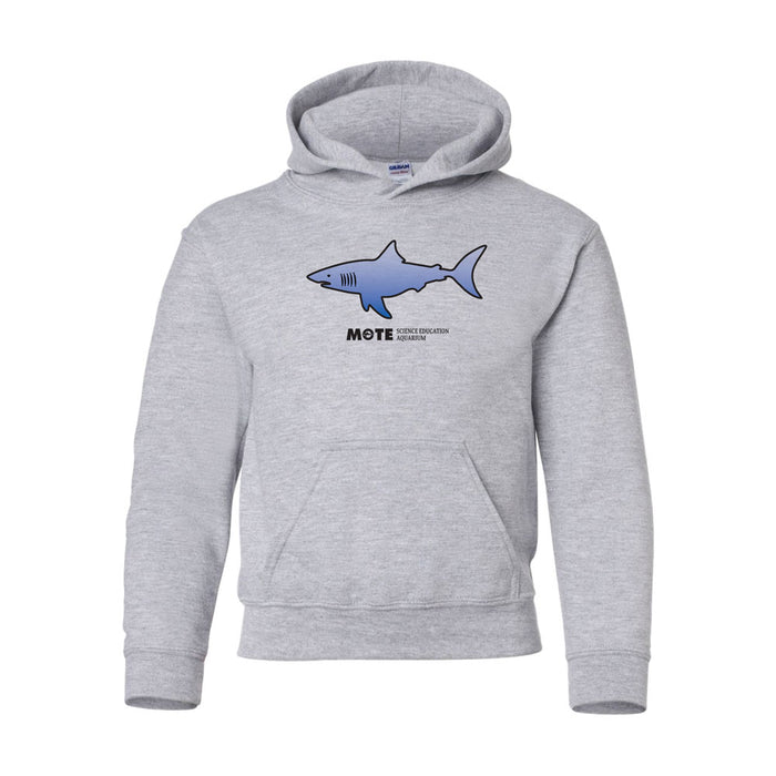 Cozy and stylish, the Mote Marine Laboratory Shark Hooded Youth Sweatshirt features a simple blue shark illustration with the text “MOTE - Marine Education Resources” beneath it. Inspired by Mote Marine Laboratory’s dedication to ocean conservation, this gray hoodie includes a convenient front pocket and is shown against a plain white background.