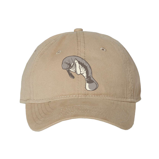 Introducing the Mote Marine Laboratory Manatee Cap in beige, featuring a charming manatee illustration on the front. Inspired by the vital conservation efforts of organizations like Mote Marine Laboratory, this cap is the perfect accessory for anyone dedicated to protecting marine life while adding a stylish touch to any outfit.