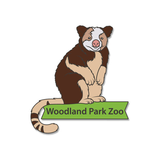 Illustration of a brown and cream tree kangaroo standing on a green ribbon banner reading "Woodland Park Zoo" celebrates wildlife conservation—a perfect white-background design for the Woodland Park Zoo Tree Kangaroo Pin.