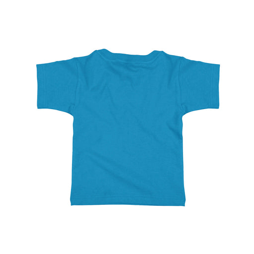 A Mote Marine Laboratory Yum Yum Shark Toddler T-Shirt in bright blue is displayed flat with the back side facing up against a white background, capturing the vibrant hues inspired by Mote Marine Laboratory—ideal for young ocean conservation enthusiasts.
