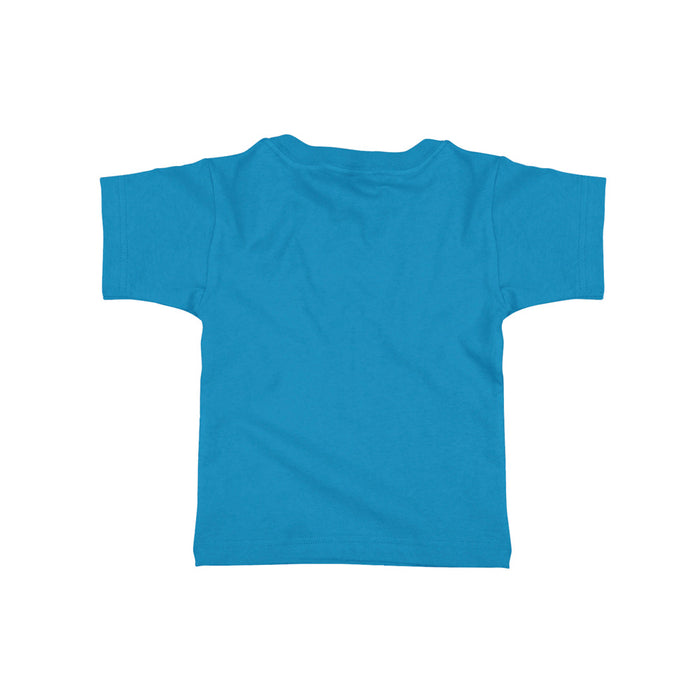 A Mote Marine Laboratory Yum Yum Shark Toddler T-Shirt in bright blue is displayed flat with the back side facing up against a white background, capturing the vibrant hues inspired by Mote Marine Laboratory—ideal for young ocean conservation enthusiasts.