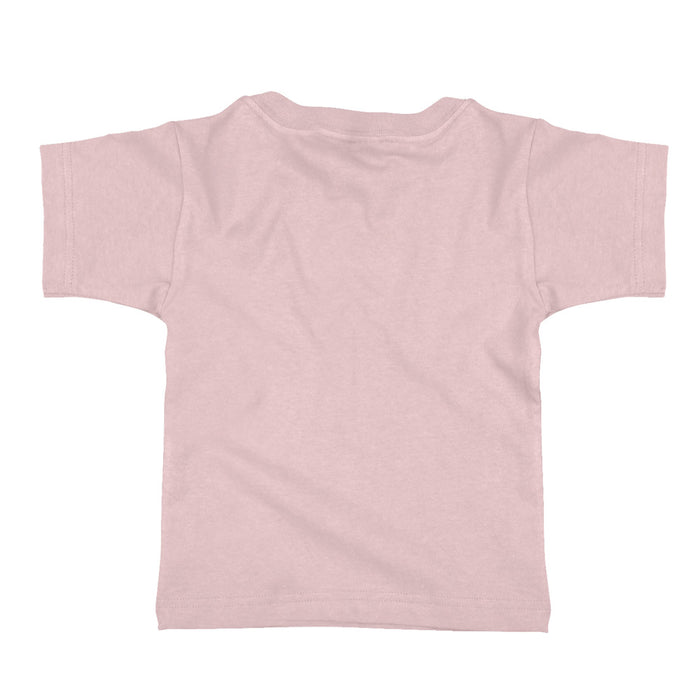 The Mote Marine Laboratory Tattoo Penguin Toddler T-Shirt, shown from the back against a white background, features plain light pink short sleeves—perfect for little marine biology enthusiasts.