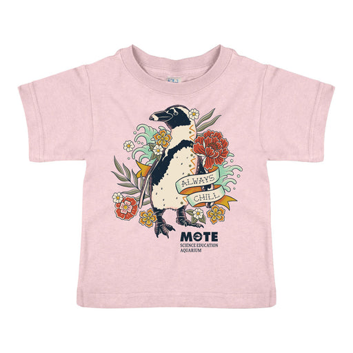 The Mote Marine Laboratory Tattoo Penguin Toddler T-Shirt features a light pink design with an adorable penguin surrounded by vibrant flowers and leaves, a cheerful “Always Chill” banner, and the official Mote Marine Laboratory Science Education Aquarium logo—making it the perfect way to introduce little ones to marine biology in style.