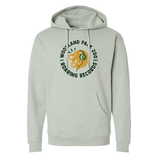 The Woodland Park Zoo Roaring Records Hooded Sweatshirt is light gray and features a lion wearing green headphones, surrounded by "Woodland Park Zoo Roaring Records EST 1899" in green letters.