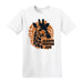 White t-shirt featuring a graphic of a giraffe head centered over a brown giraffe-print pattern with the text Gladys Porter Zoo.