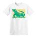 White t-shirt with a graphic of a green Komodo dragon on a yellow background and the text GLADYS PORTER ZOO.