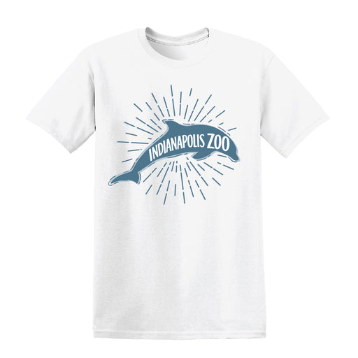 Show your support for animal conservation with the Indianapolis Zoo Dolphin T-Shirt. This white tee showcases a vibrant blue dolphin graphic with "INDIANAPOLIS ZOO" displayed inside the dolphin, surrounded by dynamic blue rays radiating outward—a perfect tribute to both the Indianapolis Zoo and wildlife preservation.