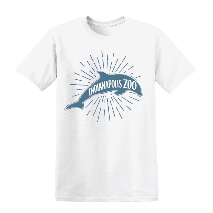 Show your support for animal conservation with the Indianapolis Zoo Dolphin T-Shirt. This white tee showcases a vibrant blue dolphin graphic with "INDIANAPOLIS ZOO" displayed inside the dolphin, surrounded by dynamic blue rays radiating outward—a perfect tribute to both the Indianapolis Zoo and wildlife preservation.