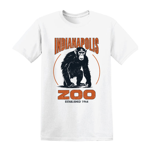 Celebrate your passion for wildlife with the Indianapolis Zoo Est 1964 T-Shirt. This stylish tee showcases a playful chimpanzee illustration alongside bold orange text that reads "INDIANAPOLIS ZOO ESTABLISHED 1964," making it an ideal choice for animal lovers eager to represent their favorite zoo in style.