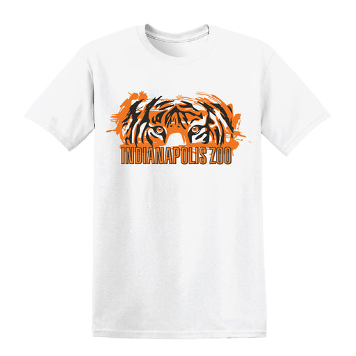 Show your support for wildlife conservation with the Indianapolis Zoo Tiger T-Shirt. This white t-shirt showcases a bold graphic of a tiger’s eyes in vivid orange and black, complemented by “INDIANAPOLIS ZOO” printed in vibrant orange lettering—an ideal choice for animal lovers and zoo fans alike.