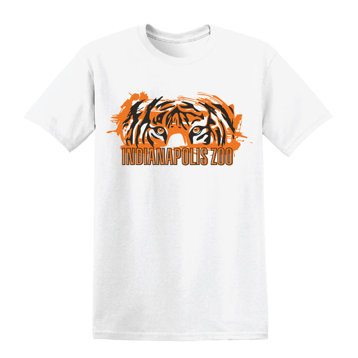 Show your support for wildlife conservation with the Indianapolis Zoo Tiger T-Shirt. This white t-shirt showcases a bold graphic of a tiger’s eyes in vivid orange and black, complemented by “INDIANAPOLIS ZOO” printed in vibrant orange lettering—an ideal choice for animal lovers and zoo fans alike.