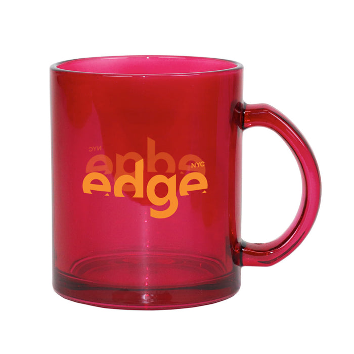 Sure! Here’s a revised sentence using the provided product data: The Edge NYC Glass Mug, a translucent red mug with a handle and bold yellow “edge” lettering on the front, is the perfect sky deck souvenir and a stylish keepsake to remember the stunning New York City skyline.