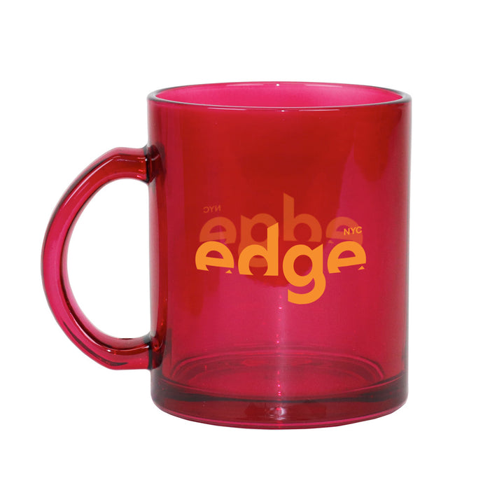 Inspired by the Edge NYC Glass Mug, this translucent red mug features a large handle and the word “edge” in bold yellow letters on the side. Set against a white background, this empty mug showcases the New York City skyline and makes an ideal souvenir from the famed sky deck.
