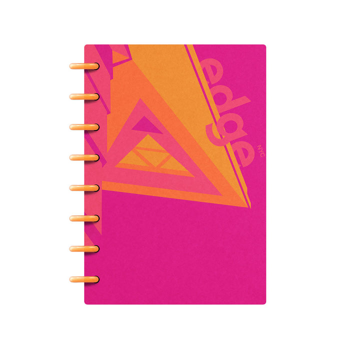 Introducing the Edge NYC Translucent Logo Notebook—a pink spiral-bound notebook featuring vibrant orange rings and an abstract orange and purple triangle design on the cover, with partial text that reads “Edge NYC.” This stylish notebook is perfect for jotting down your thoughts while keeping a piece of the iconic New York skyline close at hand.