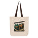 Lincoln Park Zoo Brown Bear Scene Tote: This canvas tote bag with brown straps features an illustration of two bears among pine trees and the text “Lincoln Park Zoo.” Ideal for wildlife conservation enthusiasts, the main bear stands on a log while another bear appears in the background.