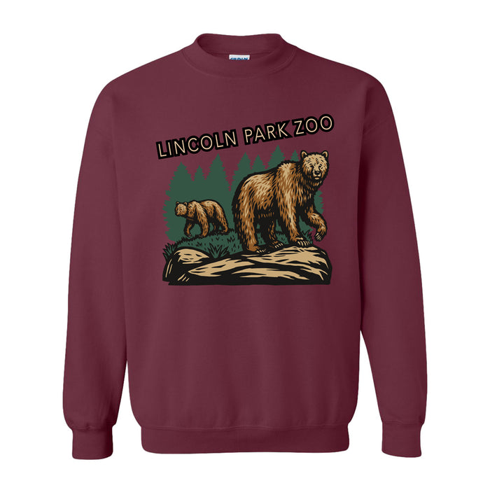 Lincoln Park Zoo Brown Bear Scene Sweatshirt—maroon, featuring two bears and trees with “LINCOLN PARK ZOO” above the illustration—a cozy pick for wildlife conservation apparel enthusiasts.