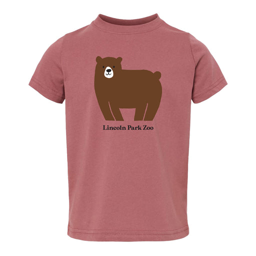 The Lincoln Park Zoo Brown Bear Toddler T-Shirt in mauve showcases a charming cartoon bear above “Lincoln Park Zoo” text, making it perfect for young wildlife enthusiasts and future conservationists.