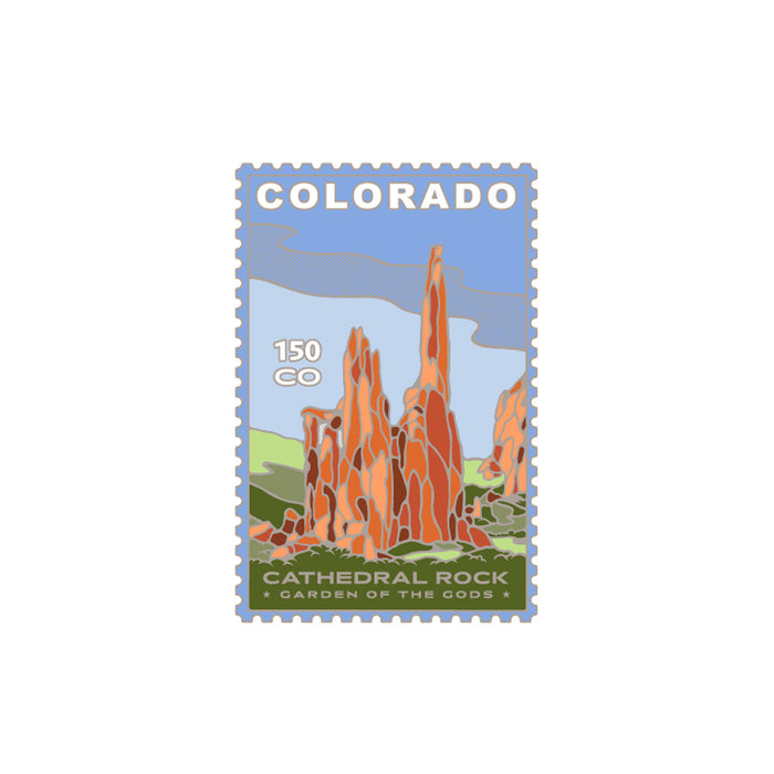 Commemorative pin celebrating the 150th anniversary of Garden of the Gods, Colorado, featuring a colorful illustration of Cathedral Rock with dramatic red rock formations, a lush green landscape, and a vivid blue sky. This unique Colorado souvenir showcases the area’s natural beauty. The text reads: Colorado, Cathedral Rock, and 150th Anniversary.
