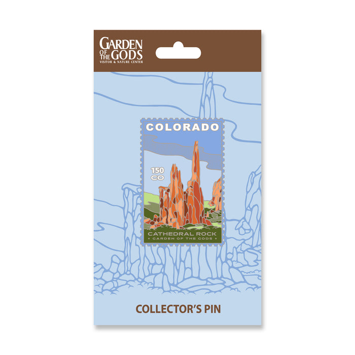 Celebrate Colorado’s beauty with the Garden of the Gods Colorado 150th Anniversary Pin, featuring vibrant red rock formations and a blue sky at Cathedral Rock. Mounted on a matching illustrated card labeled COLLECTORS PIN, this unique commemorative pin is the perfect souvenir for fans of iconic landscapes and Colorado history.