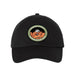 The Garden of the Gods Kissing Camels Cap is a black hat adorned with a patch depicting brown rock formations, a moon, stars, and the words “KISSING CAMELS GARDEN OF THE GODS,” evoking the rugged beauty of Colorado’s Garden of the Gods.