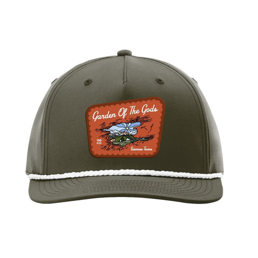 Celebrate the 150th Anniversary of this iconic landmark with the Garden of the Gods Colorado 150th Anniversary Rope Cap. This olive green rope hat features a mountain scene patch with “Garden Of The Gods” in white script, and is accented by a white braided rope above the brim—making it a perfect keepsake for any fan of Colorado’s natural beauty.