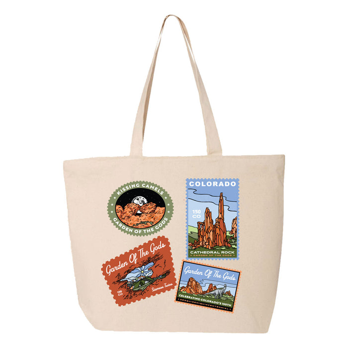 Celebrate the iconic landscape’s 150th anniversary with the Garden of the Gods Colorado 150th Anniversary Tote—a beige bag adorned with vibrant illustrated patches of Garden of the Gods, local wildlife, and Colorado, styled like vintage travel stamps.
