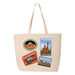 Celebrate the iconic landscape’s 150th anniversary with the Garden of the Gods Colorado 150th Anniversary Tote—a beige bag adorned with vibrant illustrated patches of Garden of the Gods, local wildlife, and Colorado, styled like vintage travel stamps.