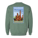 A green Garden of the Gods Colorado 150th Anniversary Sweatshirt featuring a graphic on the back of stylized red rock formations labeled “Colorado Cathedral Rock - Garden of the Gods,” framed by a blue postage stamp-like border.