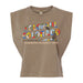 The Garden of the Gods Colorful Colorado 150th Women’s T-Shirt is a brown sleeveless top featuring colorful “Colorful Colorado” text with mountain and animal graphics inspired by Garden of the Gods, along with a beige banner that reads “Celebrating Colorado’s 150th.”.