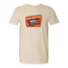 The Garden of the Gods Colorado 150th Anniversary T-Shirt is a beige tee featuring a red postage-stamp design with mountains, the iconic Siamese Twins rock formation, and the words “Garden Of The Gods” with “Scenic Route” written underneath—a perfect tribute to this milestone anniversary.