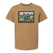 The Garden of the Gods Colorado 150th Anniversary Youth T-Shirt showcases a tan design with a postcard-style graphic depicting red rock formations, green trees, and mountains, along with the text “Garden Of The Gods” and “Colorado 150th Anniversary.”.