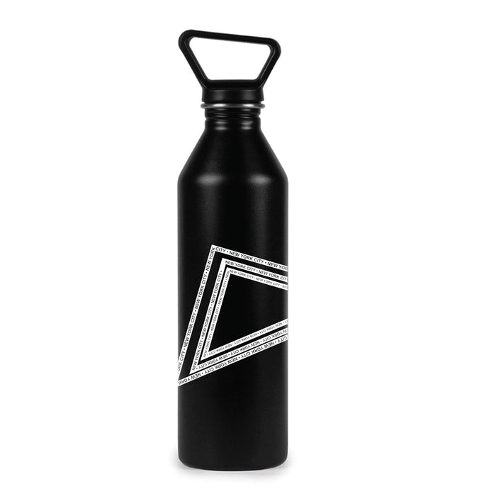 Introducing the Edge NYC Triangular Prism Water Bottle: a black metal bottle featuring a striking angular handle and a bold, geometric white line design spiraling diagonally around its body—uniquely inspired by the sleek architecture of Edge NYC.
