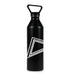 Introducing the Edge NYC Triangular Prism Water Bottle: a black metal bottle featuring a striking angular handle and a bold, geometric white line design spiraling diagonally around its body—uniquely inspired by the sleek architecture of Edge NYC.