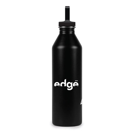 Introducing the Edge NYC Triangular Prism Water Bottle—a stylish black metal bottle with a matching screw-top lid and straw, showcasing striking white “edge NYC” text on the front. Perfect for carrying your New York City pride wherever you go.