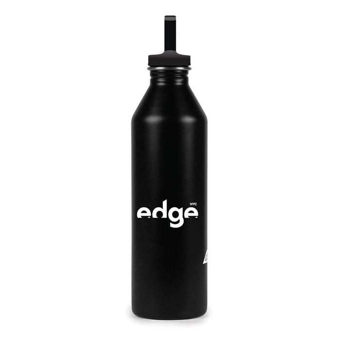 Introducing the Edge NYC Triangular Prism Water Bottle—a stylish black metal bottle with a matching screw-top lid and straw, showcasing striking white “edge NYC” text on the front. Perfect for carrying your New York City pride wherever you go.