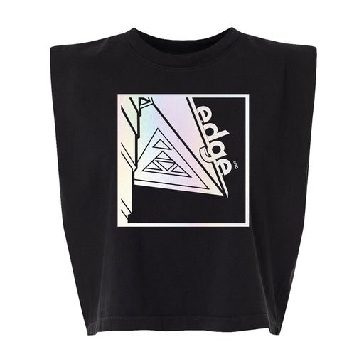 The Edge NYC Geometric Prism Bauhaus Women’s T-Shirt features a black sleeveless crop top design with a pastel geometric prism graphic and the word “edge” angled across the front, capturing a modern Bauhaus aesthetic inspired by Edge NYC style.