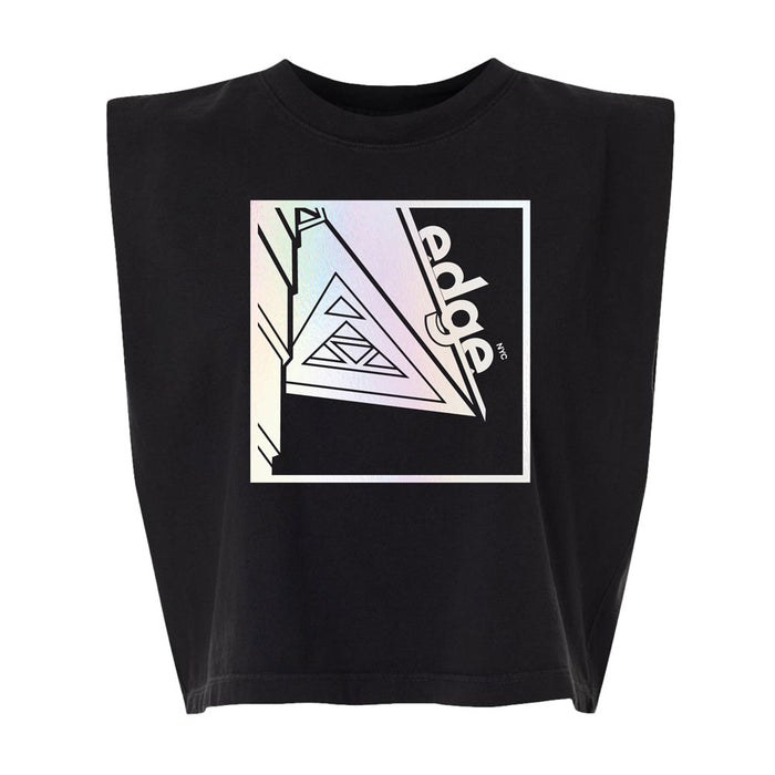 The Edge NYC Geometric Prism Bauhaus Women’s T-Shirt features a black sleeveless crop top design with a pastel geometric prism graphic and the word “edge” angled across the front, capturing a modern Bauhaus aesthetic inspired by Edge NYC style.