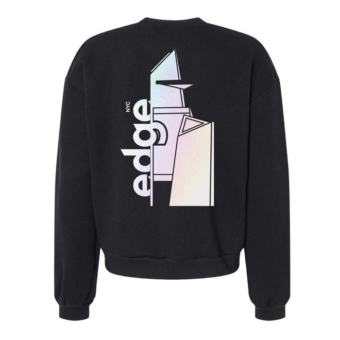 Edge NYC Foil Bauhaus Women’s Crew Sweatshirt featuring a sleek pastel geometric outline of a skyscraper on the front and “Edge NYC” vertically printed in foil on the back—New York skyline apparel inspired by Bauhaus style.