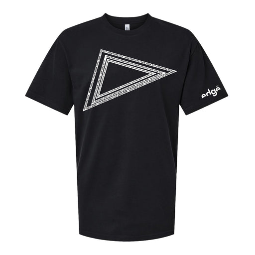 The Edge NYC Triangular Prism T-Shirt is a bold black tee showcasing a striking white outlined triangle graphic on the front. Inspired by New York City’s iconic skyline, this shirt features the word “edge” in stylized text on the left sleeve, making it a standout choice for fans of geometric and city-inspired style.