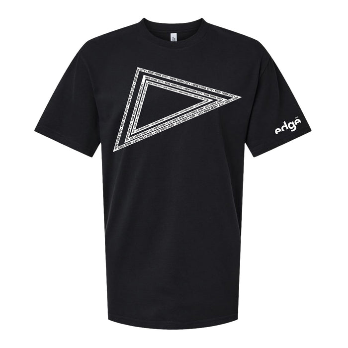 The Edge NYC Triangular Prism T-Shirt is a bold black tee showcasing a striking white outlined triangle graphic on the front. Inspired by New York City’s iconic skyline, this shirt features the word “edge” in stylized text on the left sleeve, making it a standout choice for fans of geometric and city-inspired style.