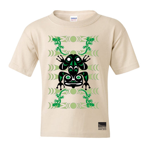 The Woodland Park Zoo Jason LaClair Frog Youth T-Shirt is a beige tee with a bold black and green frog graphic by indigenous artist Jason LaClair, featuring geometric patterns, crescents, and a small National Park 200 logo.