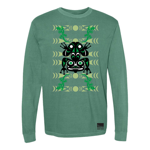 Woodland Park Zoo Jason LaClair Frog Long Sleeve T-Shirt in green, showcasing a stylized symmetrical frog inspired by indigenous art with abstract accents and yellow crescent moon shapes.