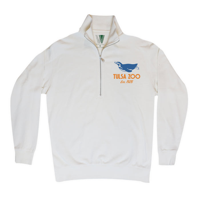 The Tulsa Zoo Penguin Sporty Pop Quarter Zip Sweatshirt is a white organic cotton pullover with a blue penguin and orange "Tulsa Zoo Est. 1928" graphic on the left chest—uniting sporty style with ethical fashion.